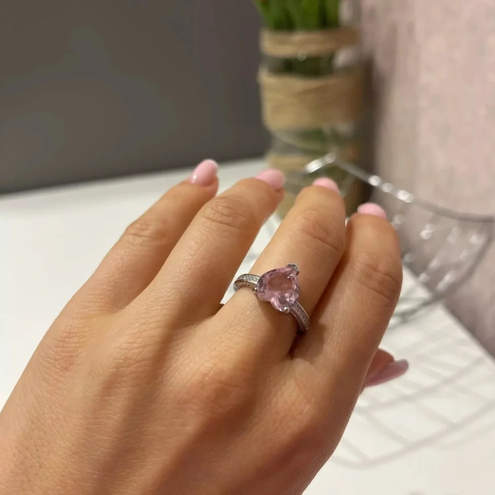 New Trendy Heart Shape Zircon Wedding Rings For Women Romantic Pink Enga… - Picture 4 of 4